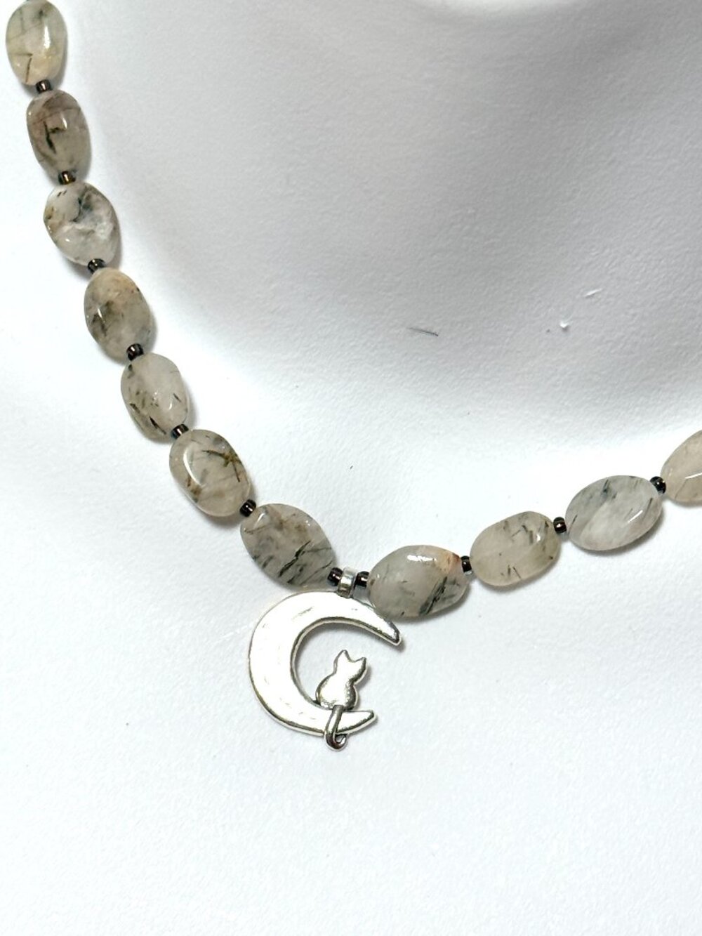 Tourmalinated Quartz Short Necklace, Gemstone & Silver Cat on the Moon
